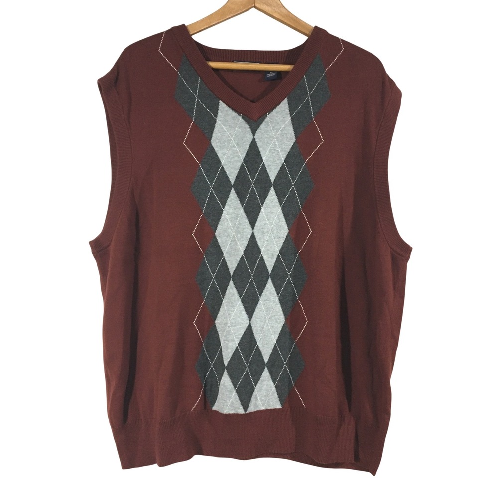 Saddlebred Mens Burgundy Argyle V Neck Sweater Vest XL 100%‎ Cotton